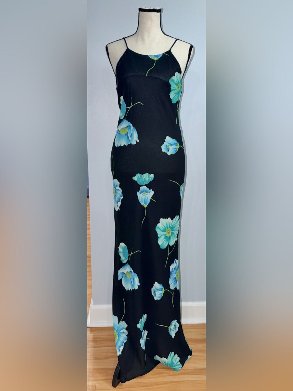 Vintage Groove USA Maxi Dress L Black Blue Floral Y2K 90s Slip Dress